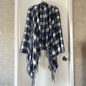 En Crème Blue and White Plaid Fringe Cardigan